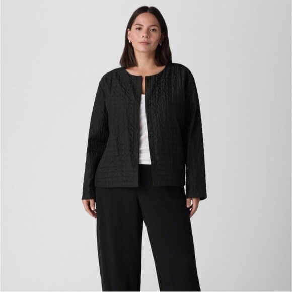 Eileen Fisher Silk Habutai Quilted Round Neck Jacket Black Size XS Minimalist - Picture 1 of 6